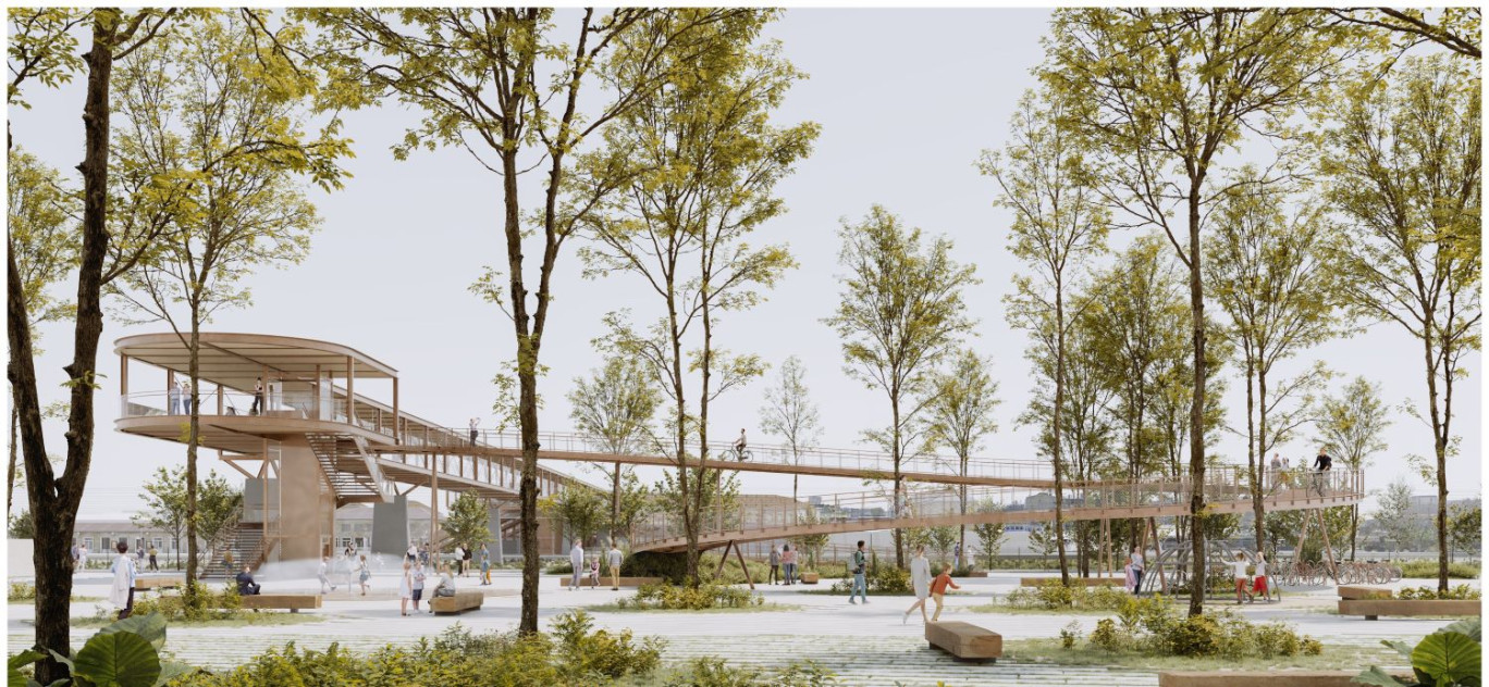 La nouvelle passerelle intègrera la végétation et les mobilités douces. (c)ailleurs.studio